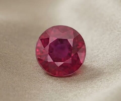 Natural round Burma ruby with GIA report on soft beige fabric