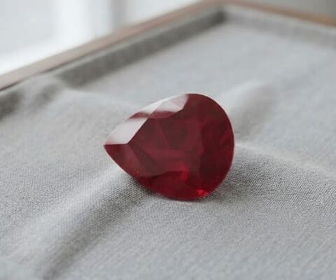 Natural Burma ruby gemstone on soft grey jewelry tray