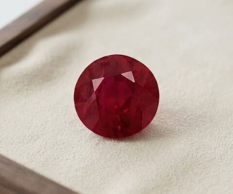 Natural round Burma ruby with GIA report on cream jewelry display