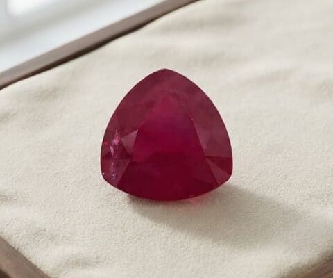 Natural pear shaped Burma ruby with GIA report on cream jewelry display