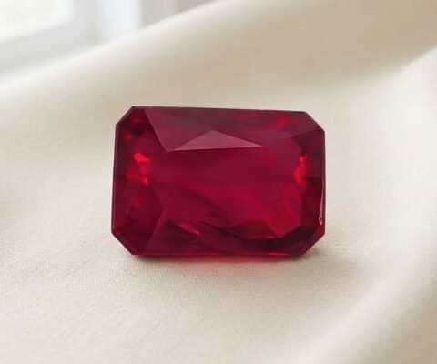 Natural emerald cut Burma ruby with GIA report on soft cream fabric