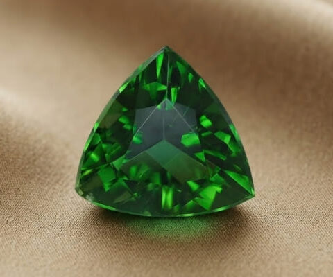Natural trillion cut chrome tourmaline gemstone on soft beige fabric