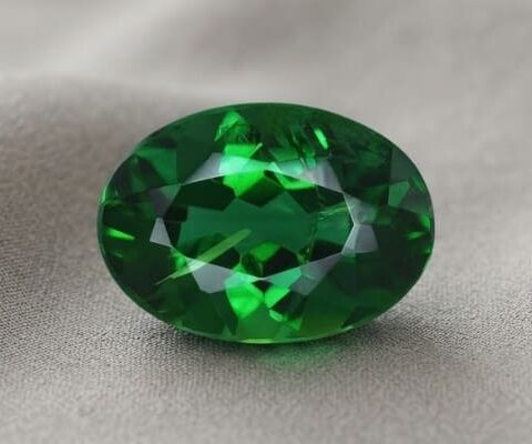 Natural oval chrome tourmaline gemstone on soft grey fabric
