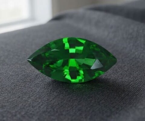 Natural marquise cut chrome tourmaline gemstone on dark grey fabric