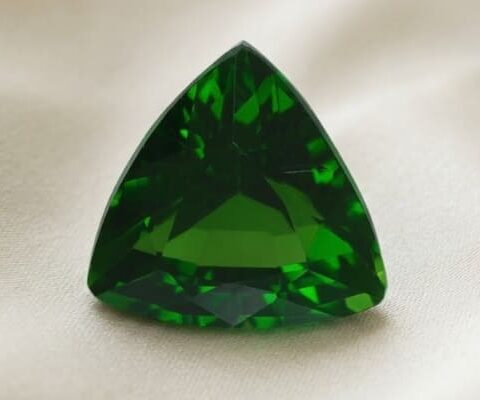 Natural trillion cut chrome tourmaline gemstone on soft cream fabric