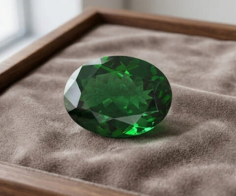 Natural oval chrome tourmaline gemstone on soft brown jewelry display