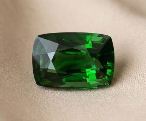 Natural cushion cut chrome tourmaline gemstone on soft beige fabric