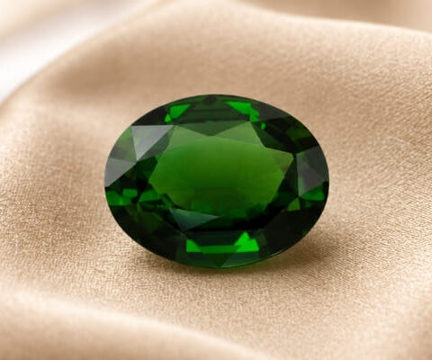 Natural oval chrome tourmaline gemstone on soft beige fabric