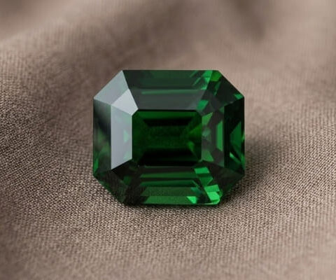 Natural emerald cut chrome tourmaline gemstone on soft brown fabric