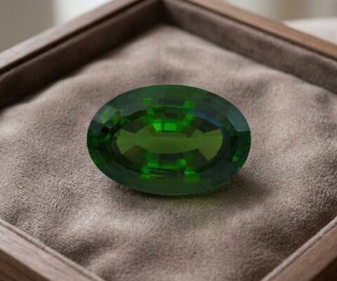 Natural oval chrome tourmaline gemstone on soft brown jewelry display