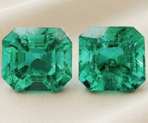 Natural Colombian emerald matching pair with GIA report on soft cream fabric