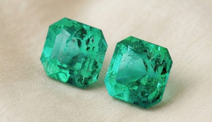 Natural Colombian emerald matching pair with GIA report angled view on beige fabric