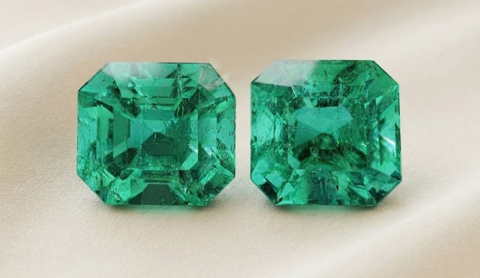 Natural Colombian emerald matching pair with GIA report on soft cream fabric