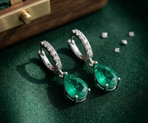 Pear Colombian Emerald and Diamond Drop Earrings in White Gold