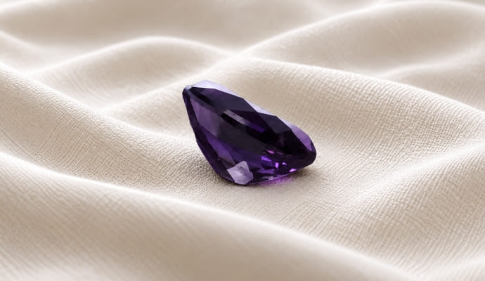 Natural color change garnet gemstone side view on cream fabric