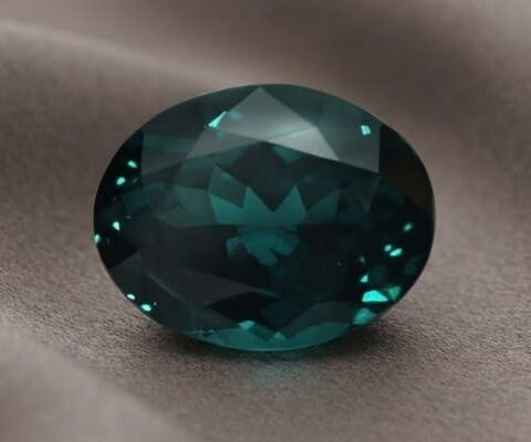 Natural oval color change garnet with GIA report on soft grey fabric