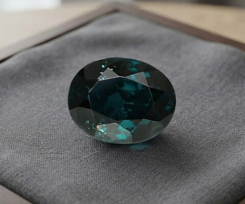 Natural color change garnet with GIA report on soft grey jewelry display