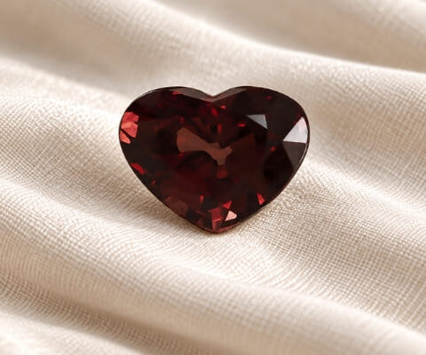 Natural heart shaped color change garnet gemstone on soft cream fabric