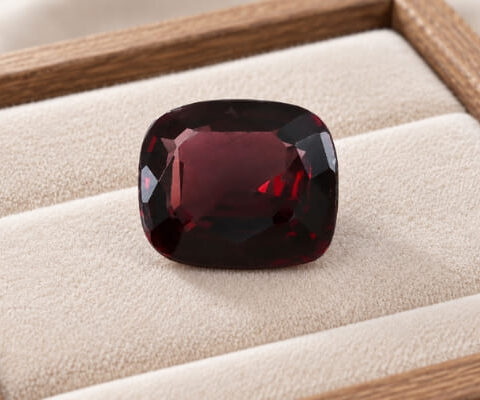 Natural cushion cut color change garnet gemstone on cream jewelry display