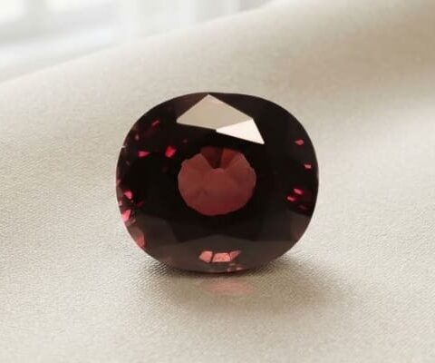 Natural cushion cut color change garnet gemstone on soft cream fabric