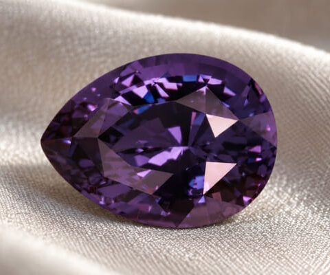 Natural color change spinel gemstone on soft cream fabric