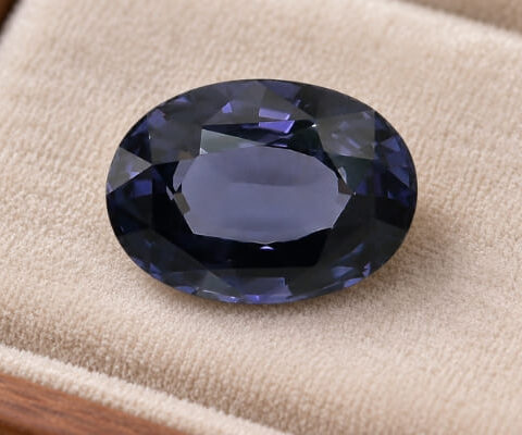 Natural oval color change spinel gemstone on soft beige jewelry display