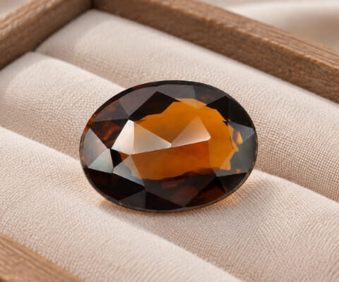 Natural oval tourmaline gemstone on soft beige jewelry display