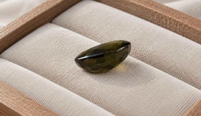 Natural tourmaline gemstone side view on cream jewelry tray
