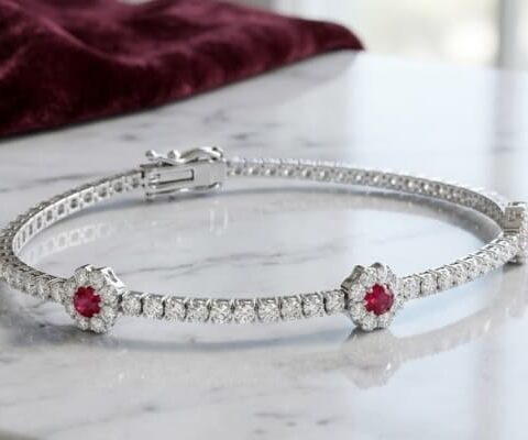 Tennis Bracelet with Ruby Centered Flower Clusters
