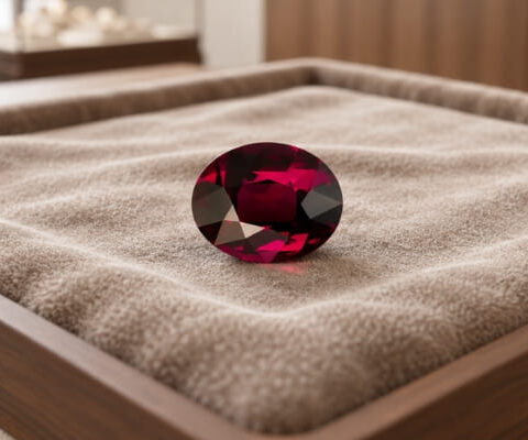 Natural Mozambique purple garnet matching pair on soft beige jewelry display