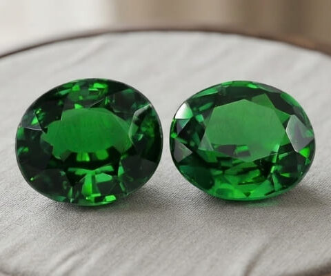 Natural oval tsavorite matching pair on soft grey jewelry display