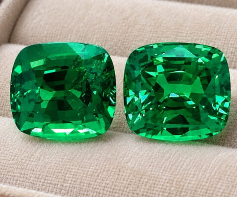 Natural cushion cut tsavorite matching pair with GIA report on beige jewelry display