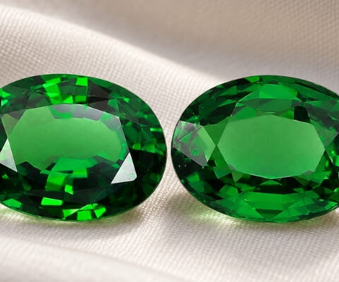 Natural oval tsavorite matching pair on soft cream fabric