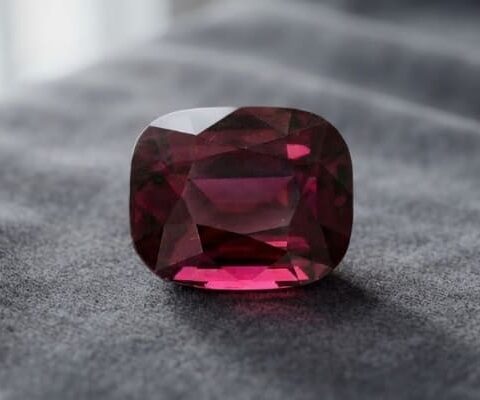 Natural cushion-cut garnet gemstone on dark grey fabric