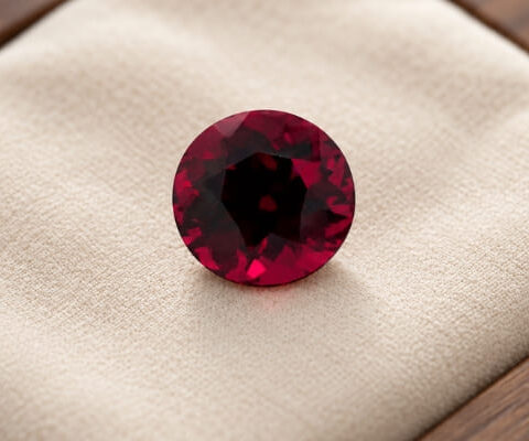Natural round garnet gemstone on soft cream jewelry display