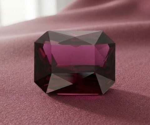 Natural emerald cut garnet gemstone on soft pink fabric