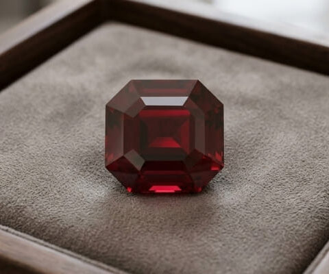 Natural emerald cut garnet gemstone on soft grey jewelry display