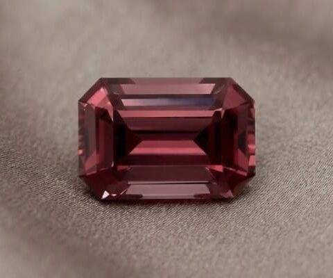 Natural emerald cut garnet gemstone on soft taupe fabric