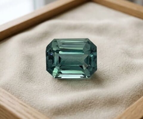 Natural emerald cut green blue sapphire gemstone on cream jewelry display