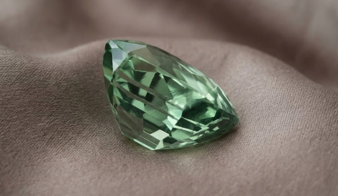 Natural green sapphire gemstone side view on taupe fabric