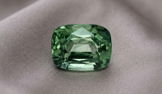 Natural cushion cut green sapphire gemstone on soft grey fabric