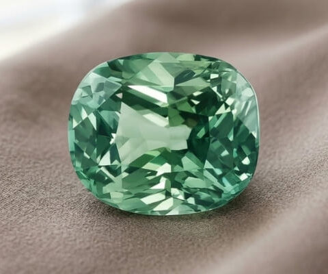 Natural cushion cut green sapphire gemstone on soft taupe fabric