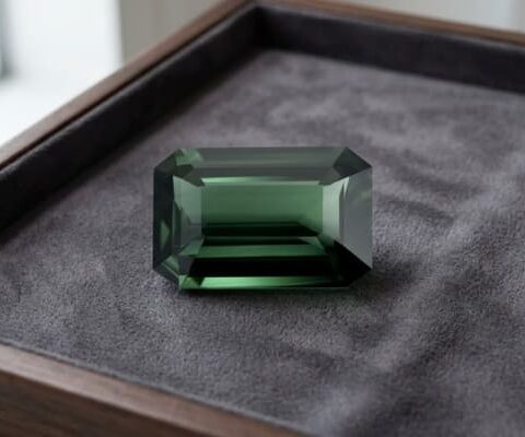 Natural emerald cut green sapphire gemstone on dark grey jewelry display