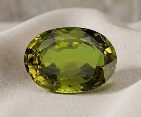 Natural oval green sapphire gemstone on soft cream fabric