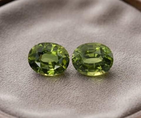 Natural oval green sapphire matching pair on soft grey jewelry display