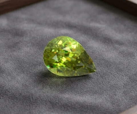 Natural pear shaped green sphene gemstone on dark grey jewelry display