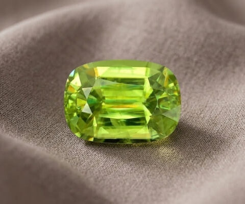 Natural cushion cut green sphene gemstone on soft taupe fabric