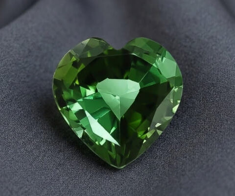 Natural heart shaped green tourmaline gemstone on dark grey fabric