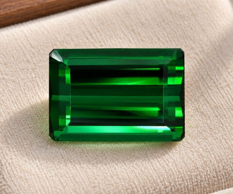 Natural emerald cut green tourmaline gemstone on beige jewelry display