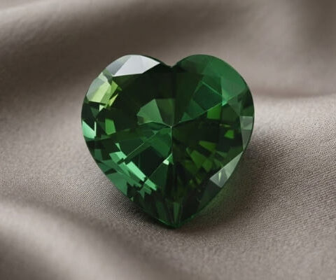 Natural heart shaped green tourmaline gemstone on soft grey fabric